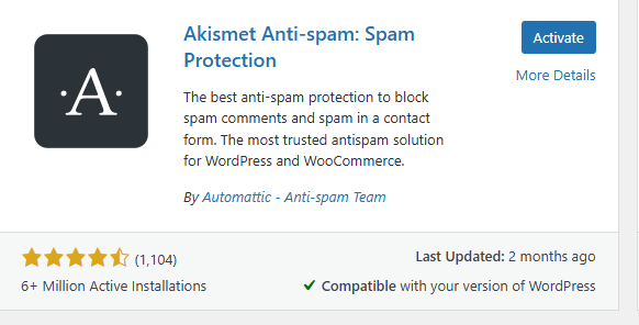 a screenshot of Akismet anti spam plugin