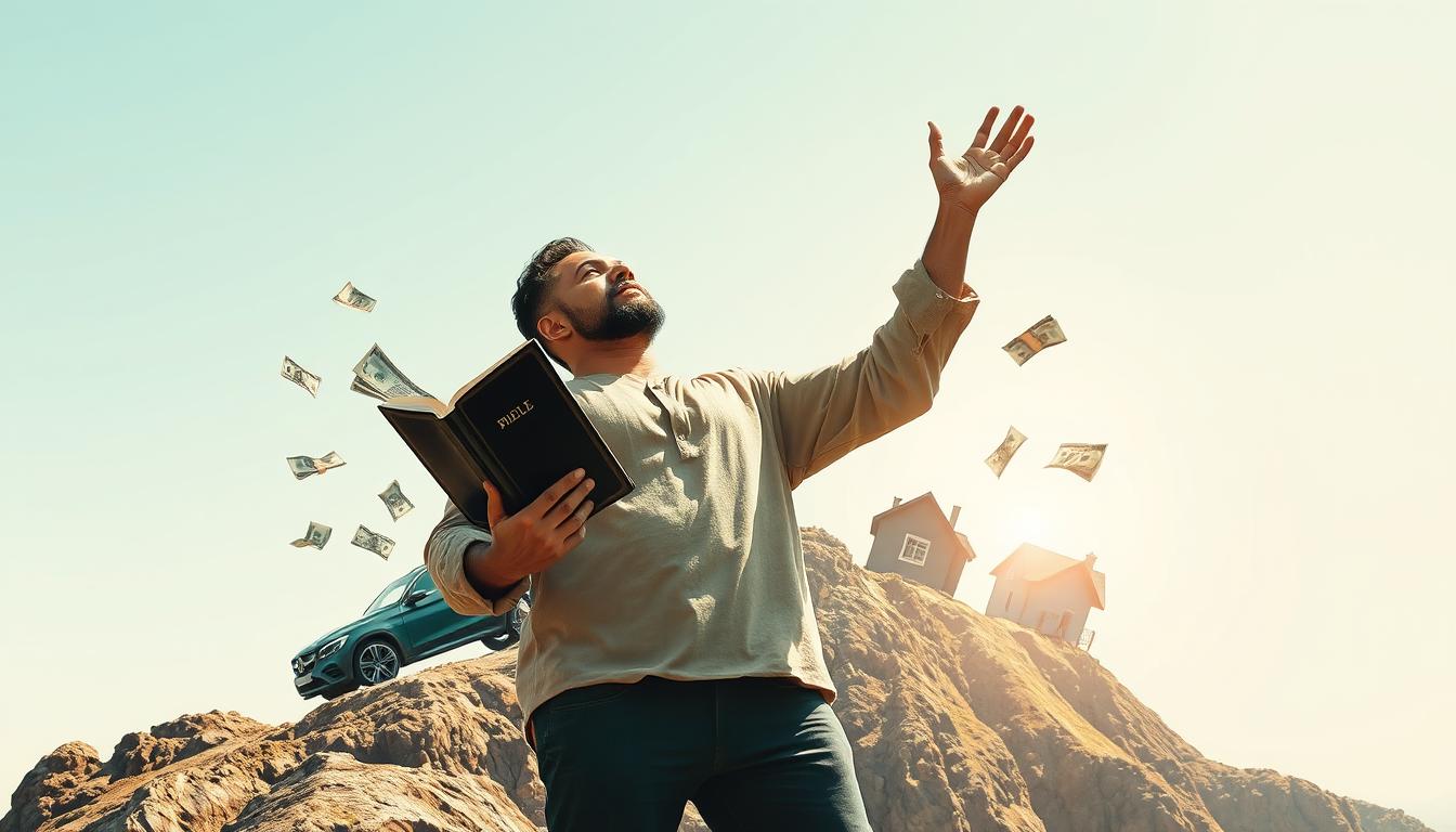 An image of a person standing on a mountain, holding a Bible in one hand and reaching out towards the sky with the other. The person has a look of determination on their face, as if they are speaking words of faith and manifestation into existence. Surrounding the person are symbols of prosperity and success, such as money, cars, and houses, all representing the idea that aligning one's faith with their desires can lead to abundance in all areas of life. The background should be bright and sunny, representing the hope and positivity that comes with the word of faith movement.