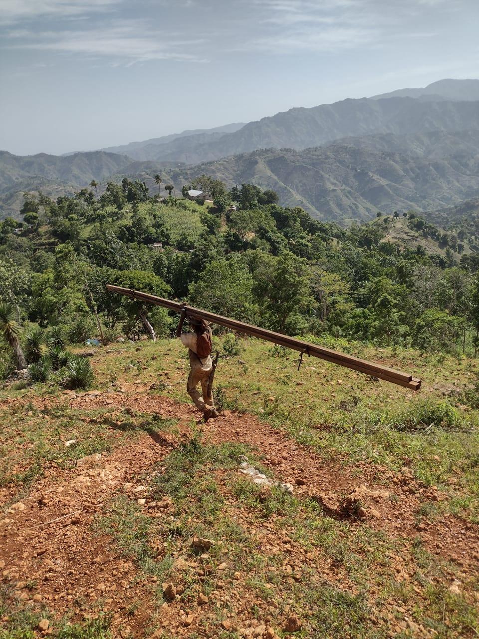 A person carrying a large piece of wood on a hill

Description automatically generated