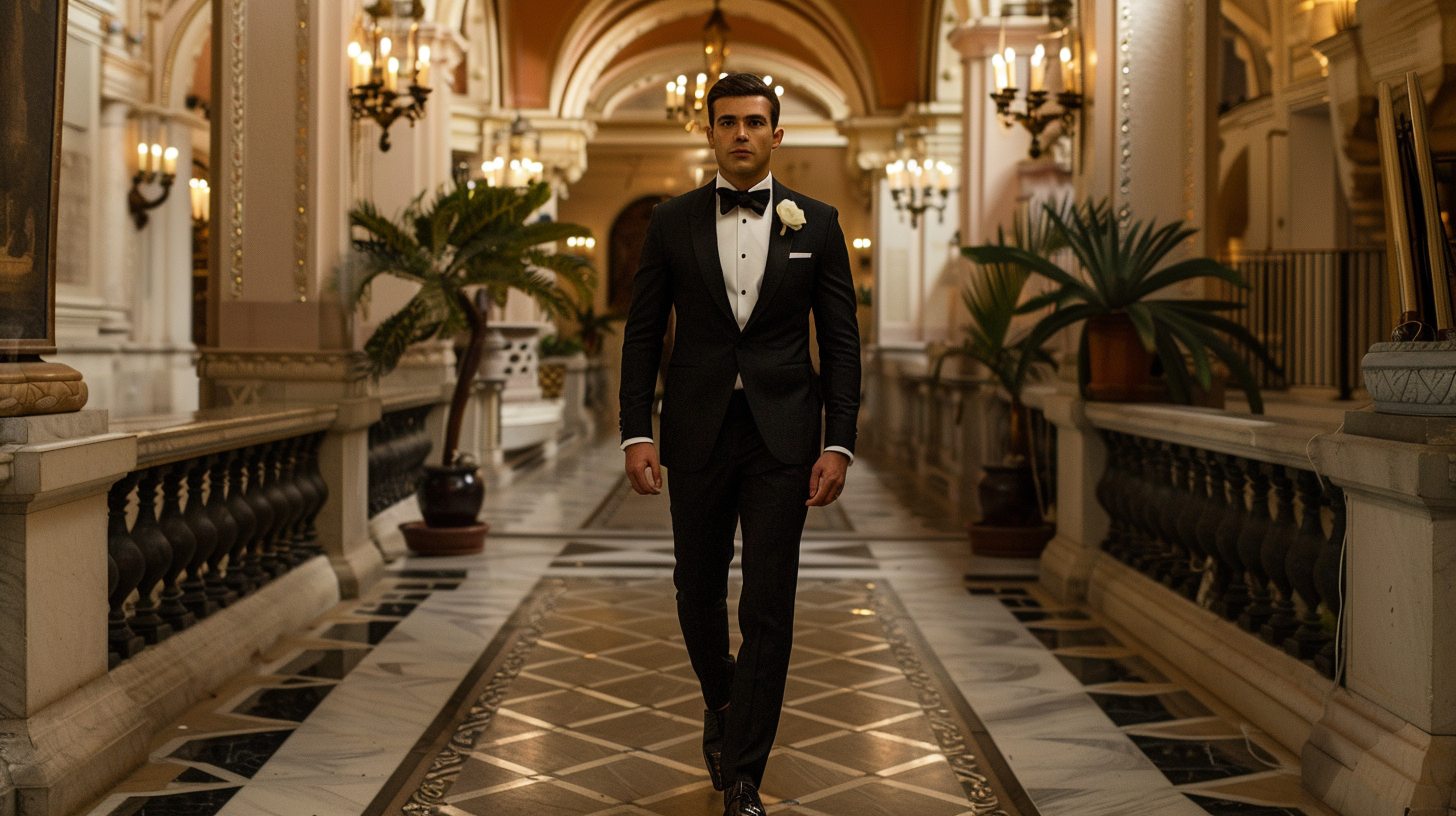 A man wearing a black tuxedo with satin peak lapels, a white dress shirt, black bow tie, and patent leather shoes, standing in a luxurious evening wedding setting. Elegant and black-tie ready.