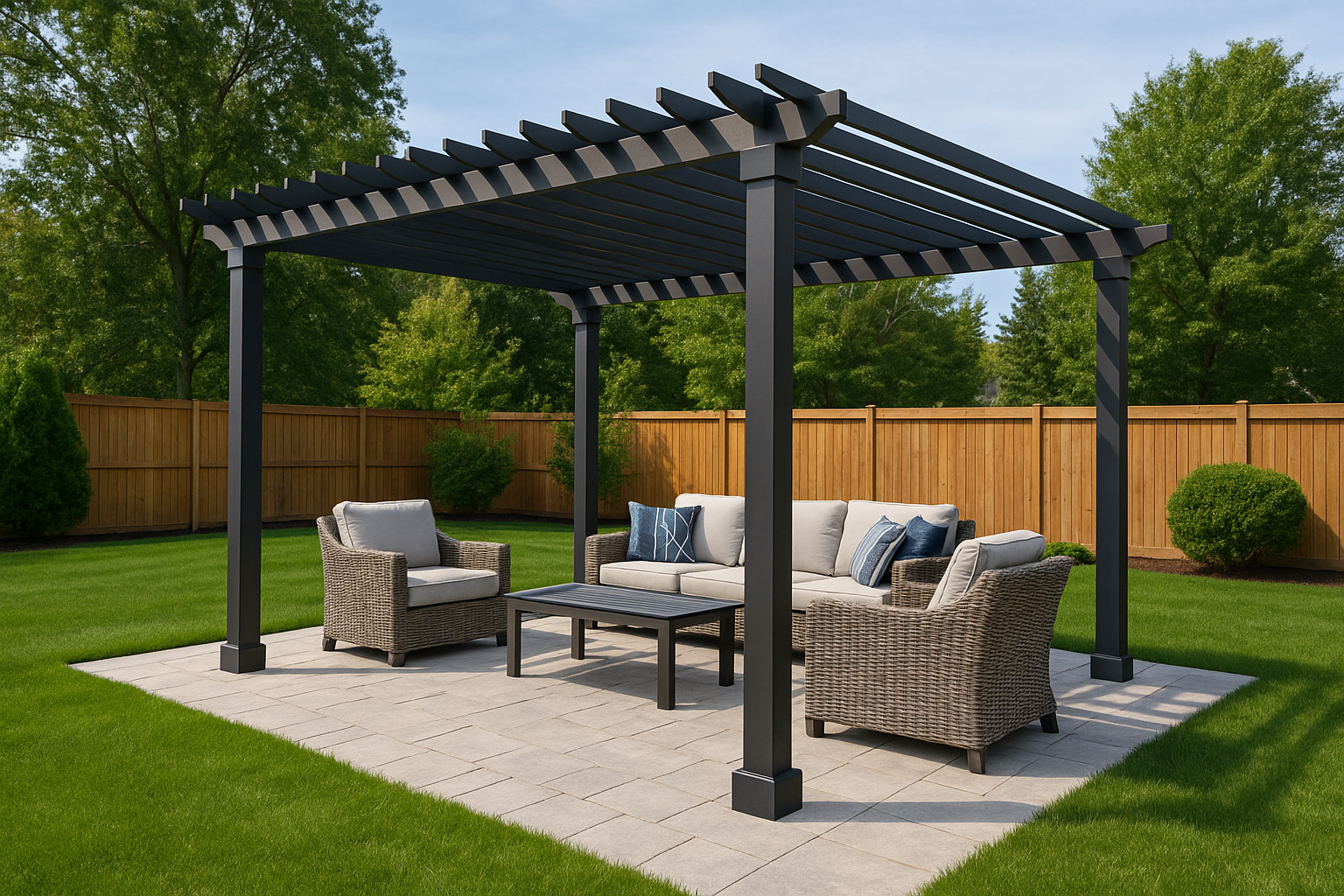 Freestanding pergola in backyard with outdoor furniture underneath, standalone structure.