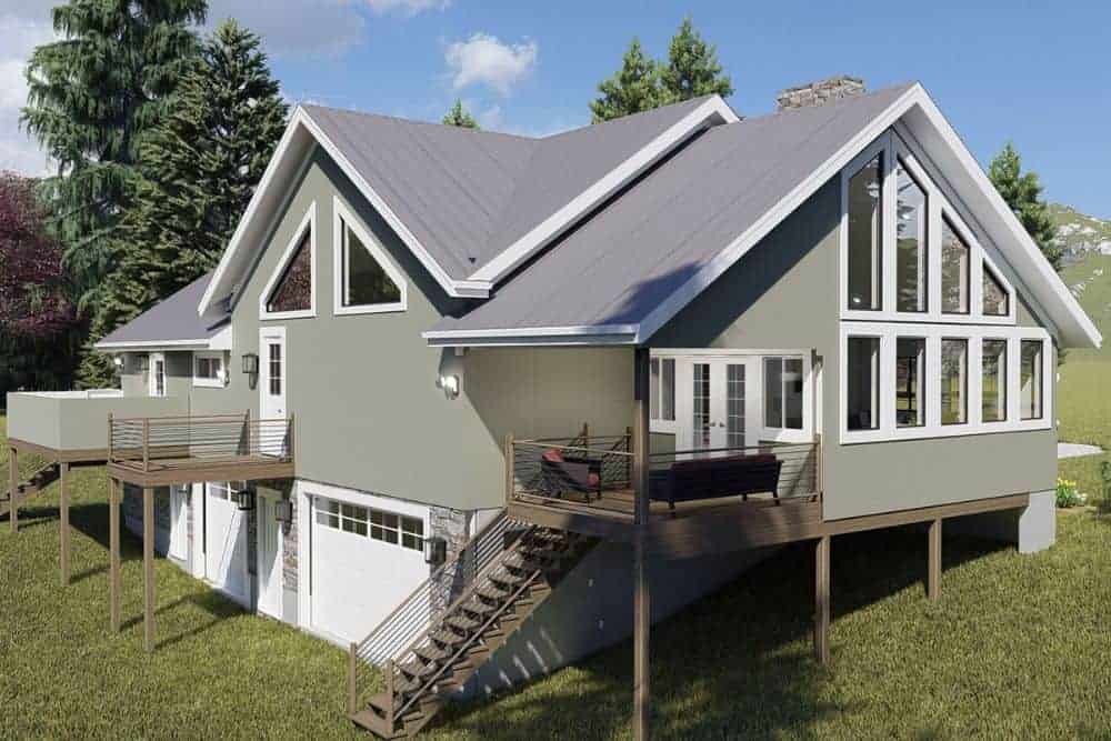Rear-left rendering of the 3-bedroom single-story mountain ranch home.