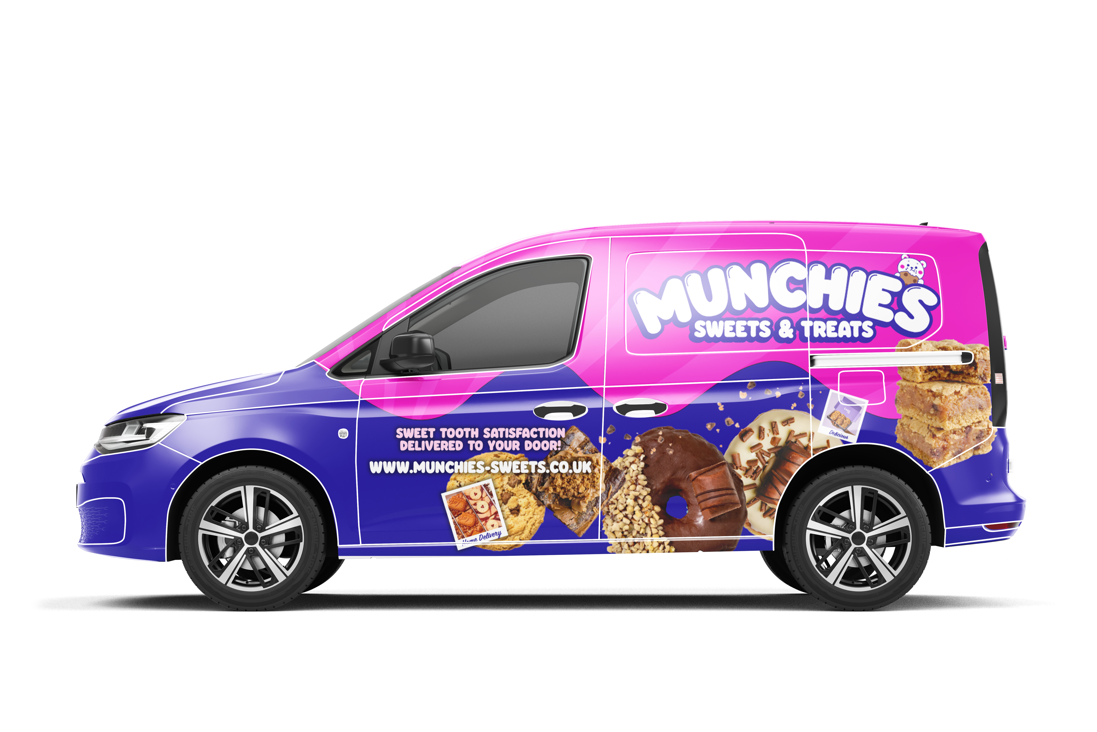 A pink and purple van with graphics on it

Description automatically generated