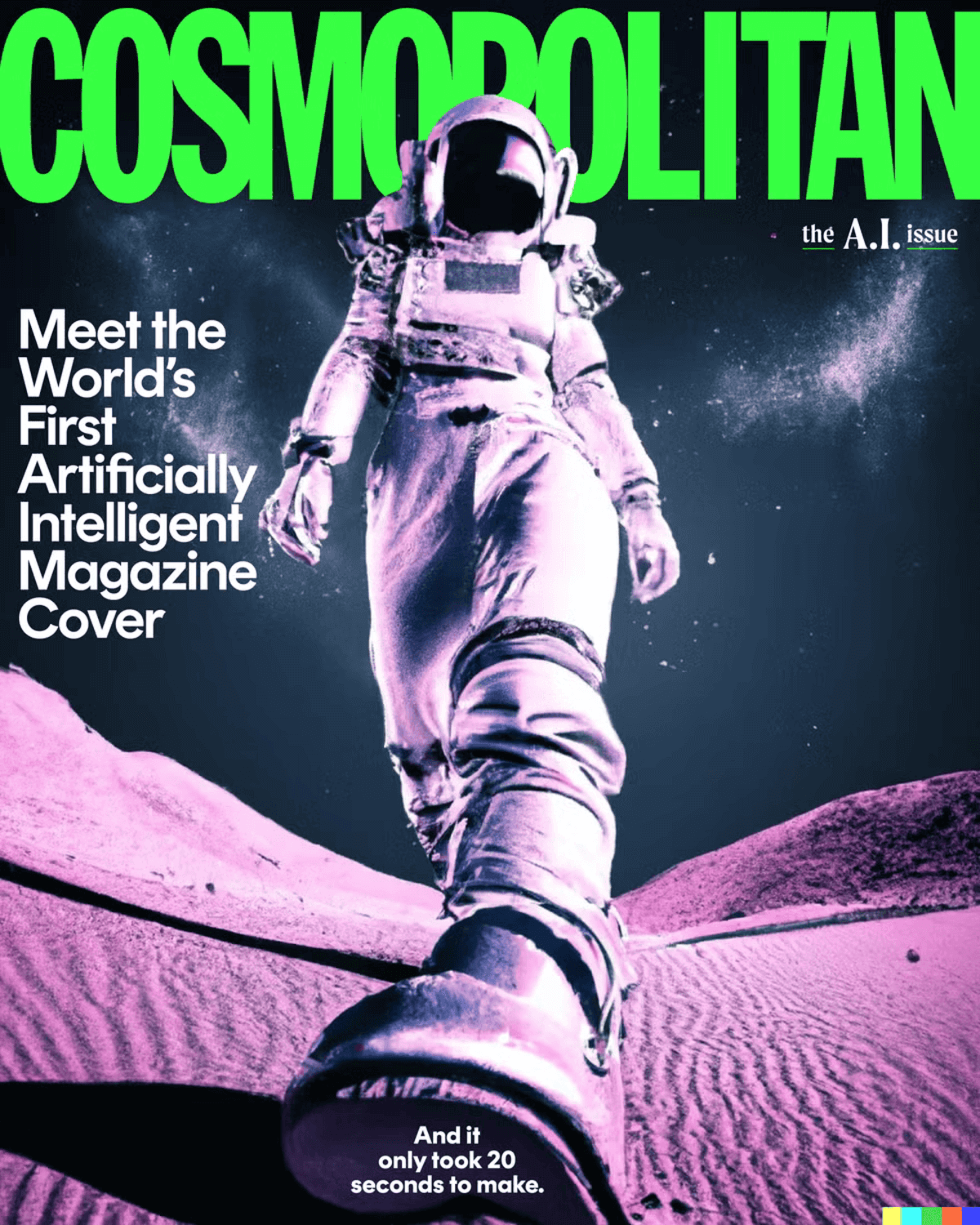 image of an ai generated image of an astronaut on a purple moon for cosmopolitan magazine