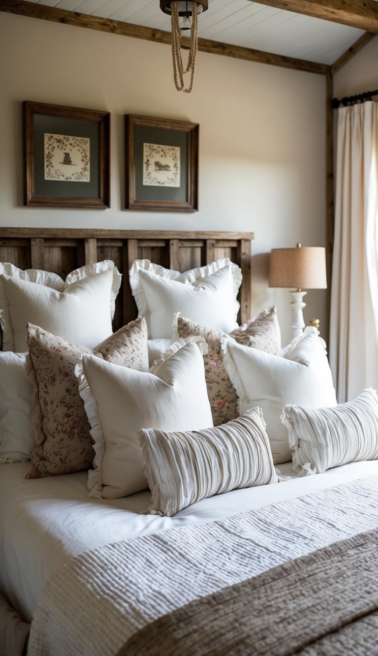 A cozy bedroom with 22 shabby chic pillow covers in a farmhouse setting