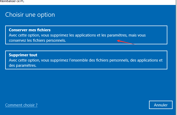 conserver les fichiers pour réinitialiser le PC