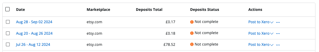 A screenshot of the A2X Deposits page with a few Etsy deposits listed