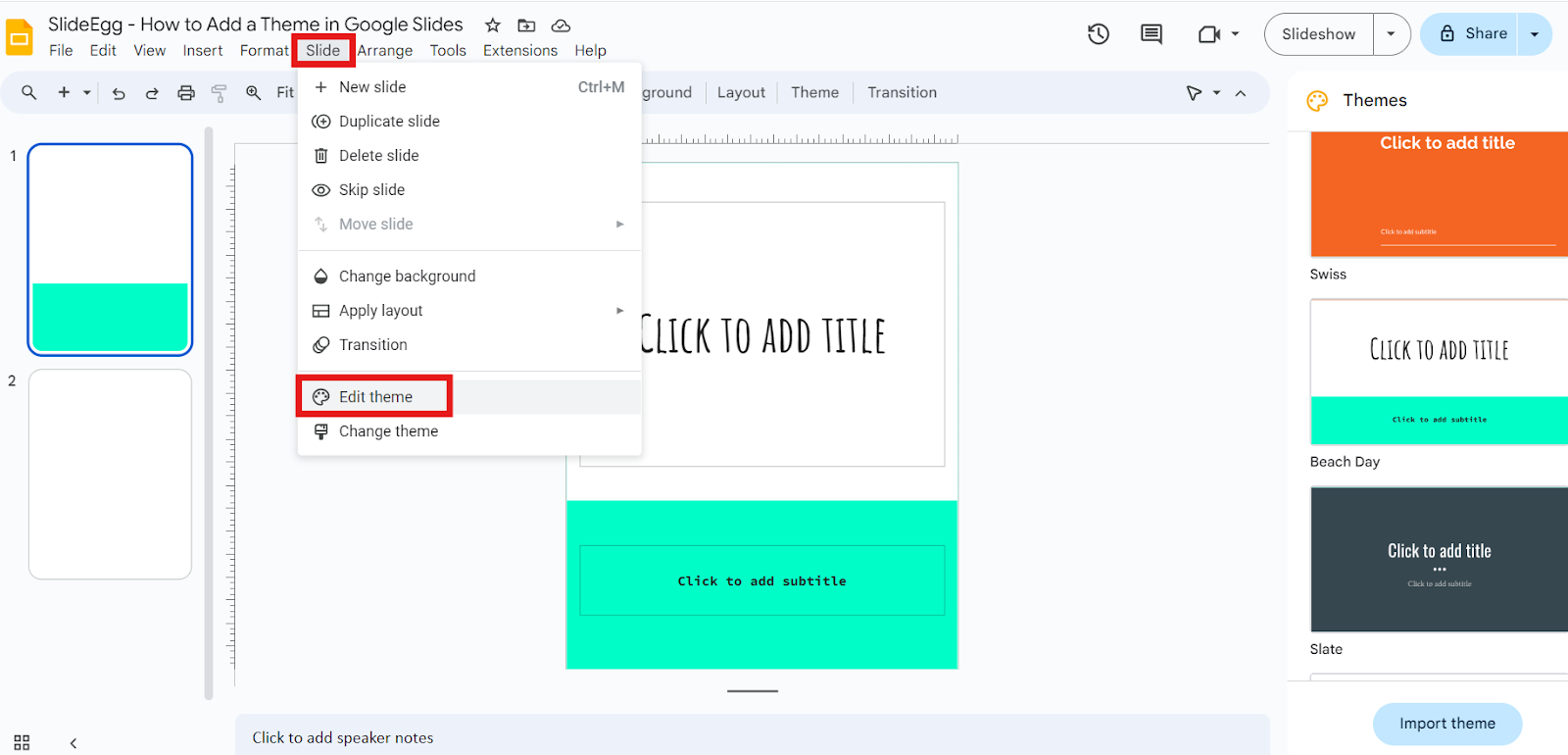 Google Slides Interface with Slides > Edit Theme Option is highlighted.