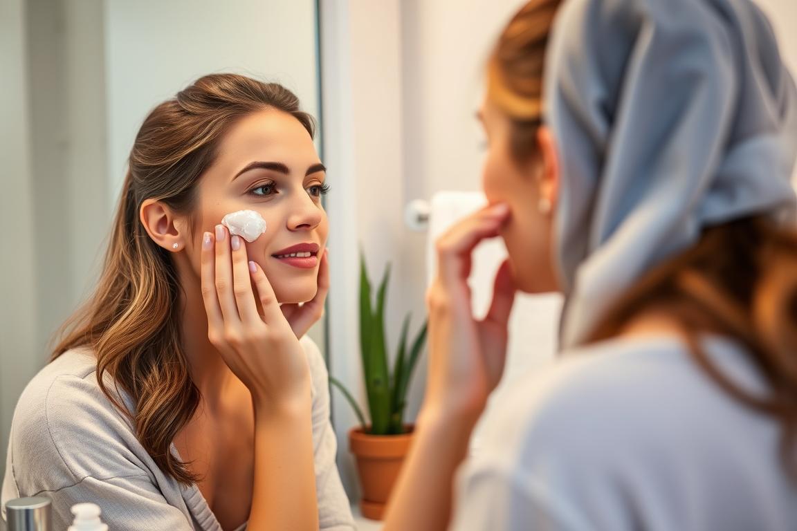 Woman applying aloe vera gel as part of evening skincare routine