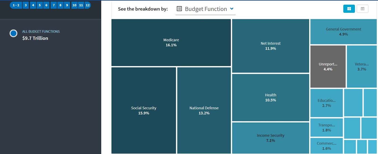 A heatmap-like breakdown of U.S. spending share in fiscal 2024.