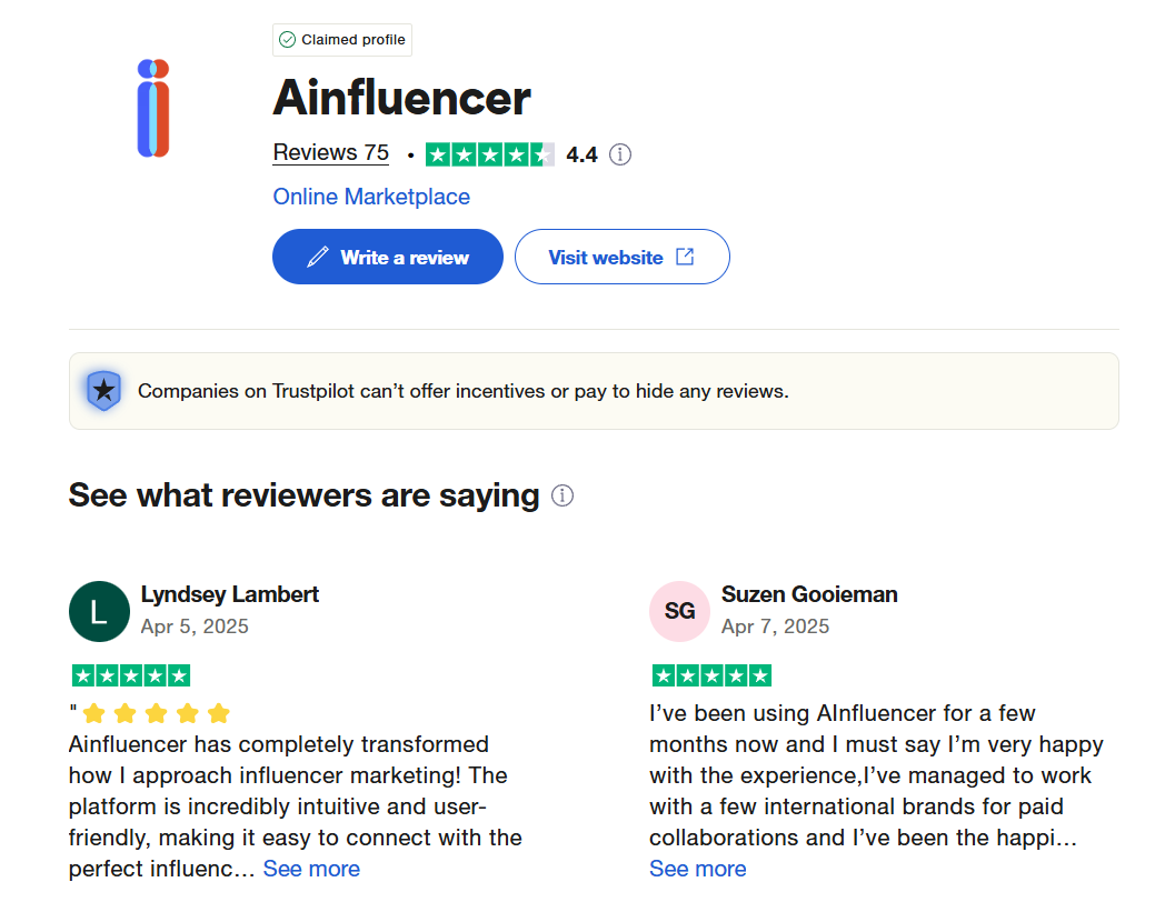 Aifluencer Rating on Trustpilot