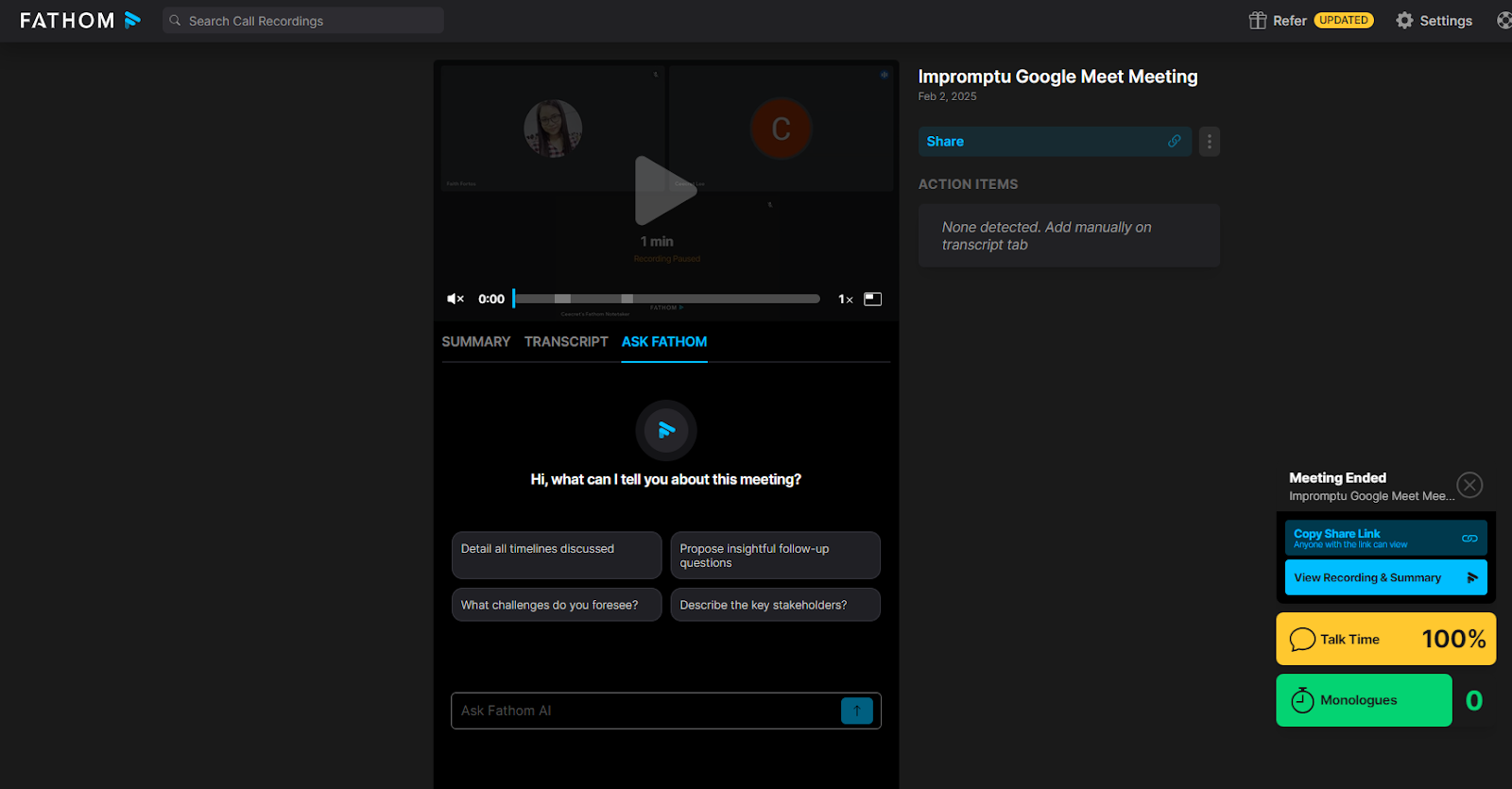 A screen showing the Fathom interface with an option to ask Fathom AI for details about the meeting.