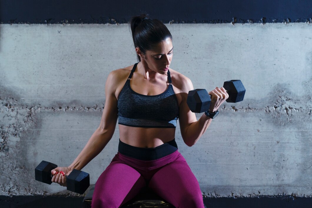 Fit woman lifting dumbbells during a full body workout session