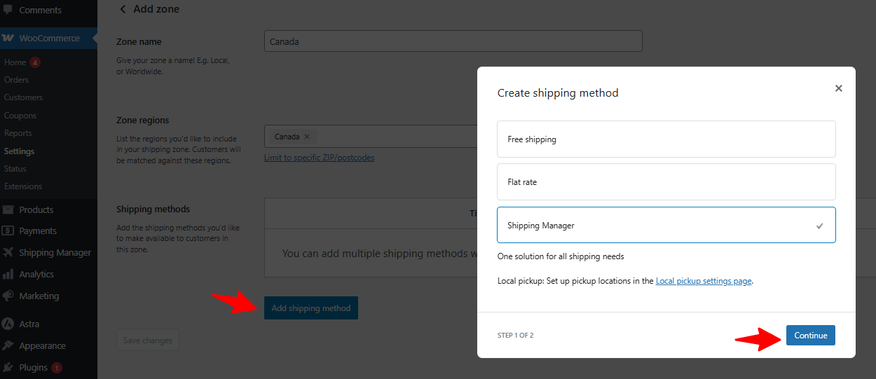Selecting a shipping method and continue