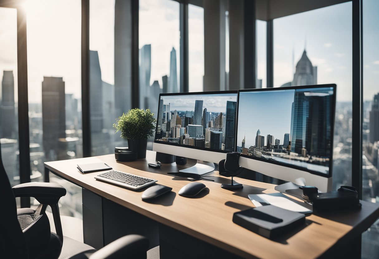 A modern office desk with a computer, notebook, and real estate marketing materials. A city skyline is visible through the window