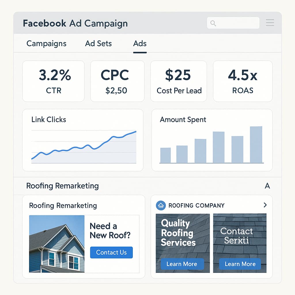 Facebook remarketing performance metrics dashboard for roofing companies showing cost per lead and ROAS tracking.