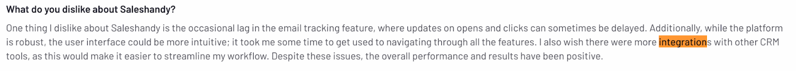 Negative user review on Saleshandy's email tracking, integrations, and user interface
