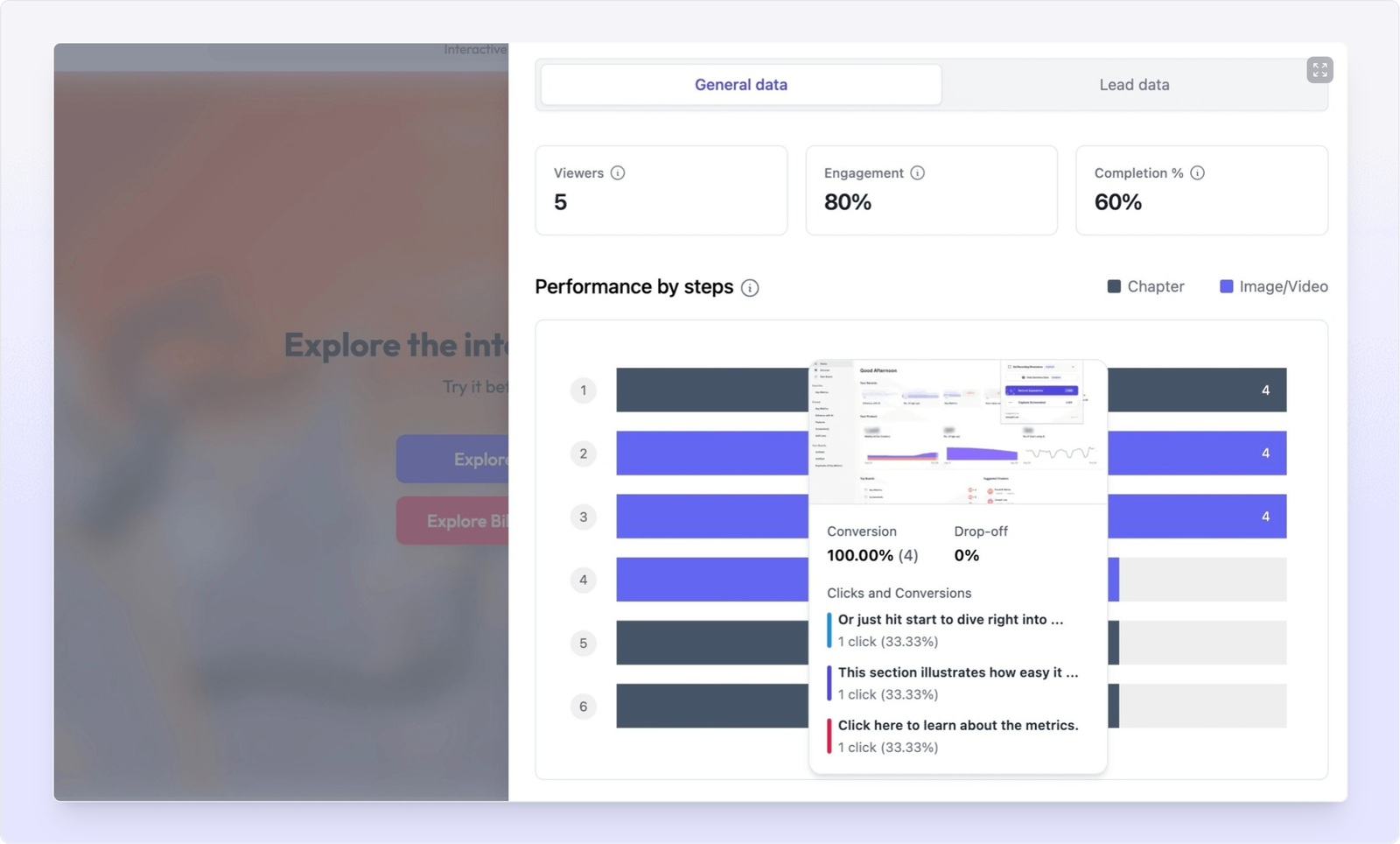 Screenshot showing Unique clicks and conversion tracking in Supademo multi-demo showcases