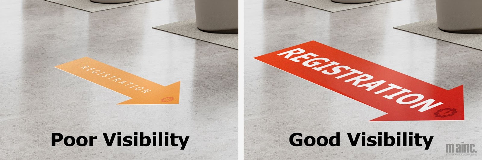 this image shows two side by side comparisons of arrow shaped floor clings.  one designated "poor visibility" is small with text that blends into the background color.  The other "good visibility" cling is large and has bright white font on a red background and its text "Registration" is easily legible