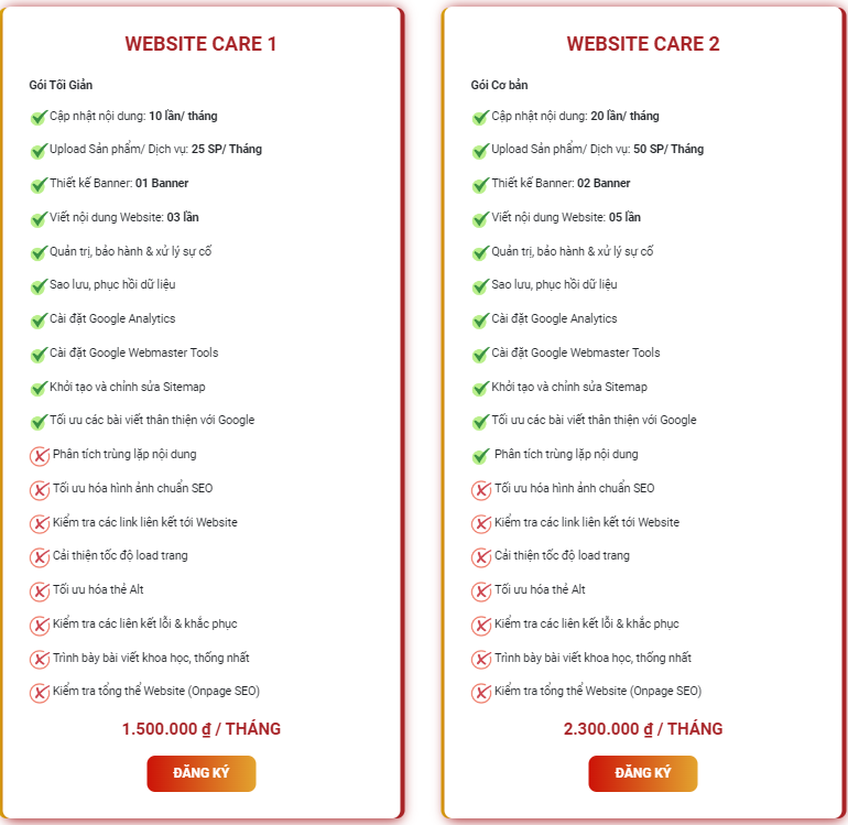 Bảng Giá Dịch Vụ Chăm Sóc Website Tại Dương Website