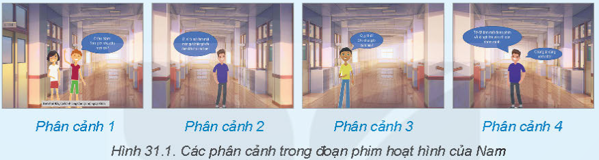 BÀI 31 - THỰC HÀNH TẠO PHIM HOẠT HÌNHMỞ ĐẦUCH 1: Để tăng thêm tính hấp dẫn của đoạn phim Mùa hè đáng nhớ. Nam đã bổ sung một đoạn phim hoạt hình vào đầu đoạn phim đó như Hình 31.1. Làm thế nào đề thực hiện được đoạn phim hoạt hình có hội thoại giữa các nhân vật và phụ đề như Hình 31.1?Đáp án chuẩn:Ta phải xây dựng kịch bản và chuẩn bị tư liệu.LUYỆN TẬPCH 1: Chia sẻ đoạn phim của em với bạn bè, cùng lắng nghe các ý kiến góp ý và chỉnh sửa nếu cần để đoạn phim hoàn thiện hơn.Đáp án chuẩn:Thêm các tập tin video và hình ảnh → Chỉnh sửa video → Thêm âm thanh → Thêm nhạc nền → Thêm tiêu đề và hiệu ứng đặc biệt → Xuất video.VẬN DỤNG