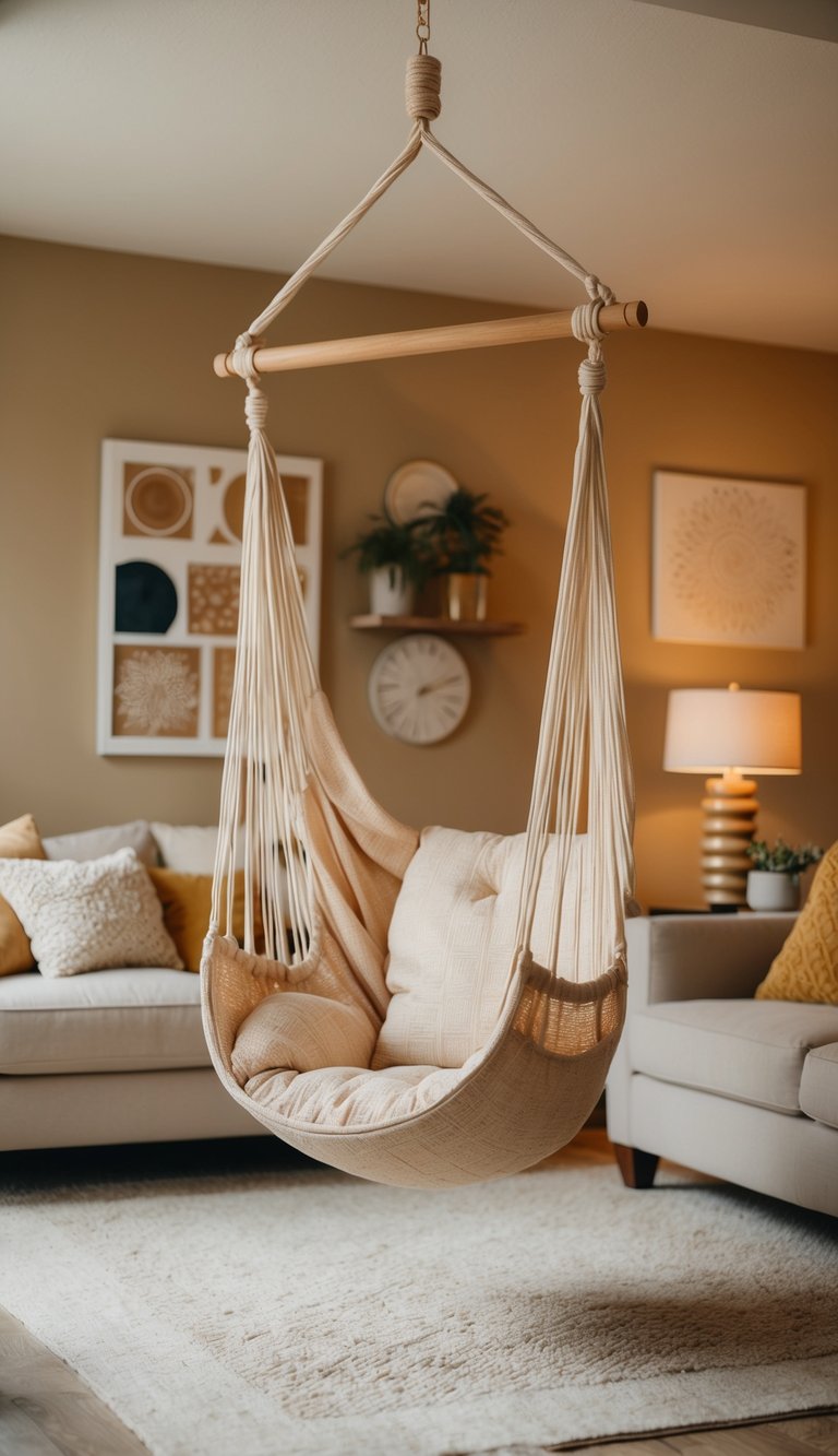 A beige hammock chair hangs in a cozy living room with warm beige tones and inviting decor