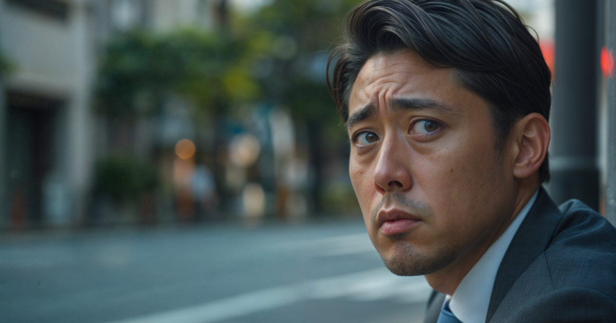A man in a business suit sits on a city sidewalk, his brows furrowed and expression uneasy as he glances over his shoulder. His wary look captures the internal scramble narcissists experience when asked to reveal the intention behind their words, because exposing the motive means surrendering the mask.