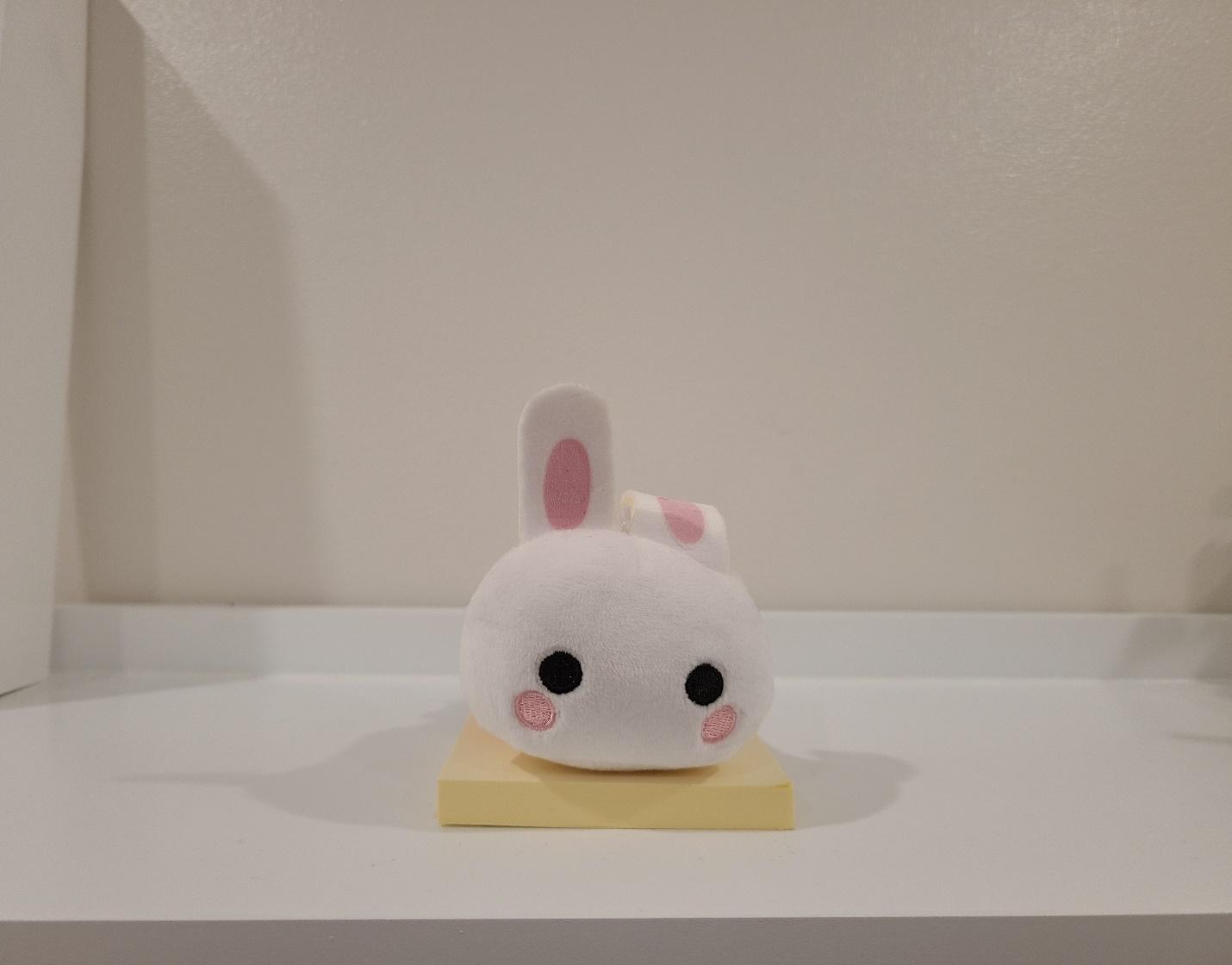 A cutesy stuffed white ball consisting of only a rabbit’s face: two round, flat black eyes, embroidered pink blush circles, and one floppy ear. The eyes and blushies are its only facial features. Photographed on a white shelf.