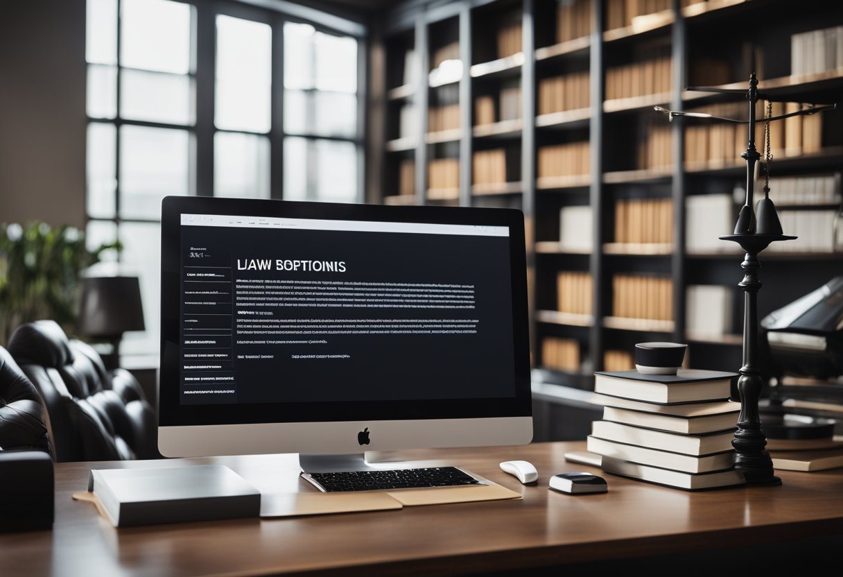 A lawyer's office with modern decor, a computer screen displaying search engine optimization strategies, and a bookshelf filled with law books