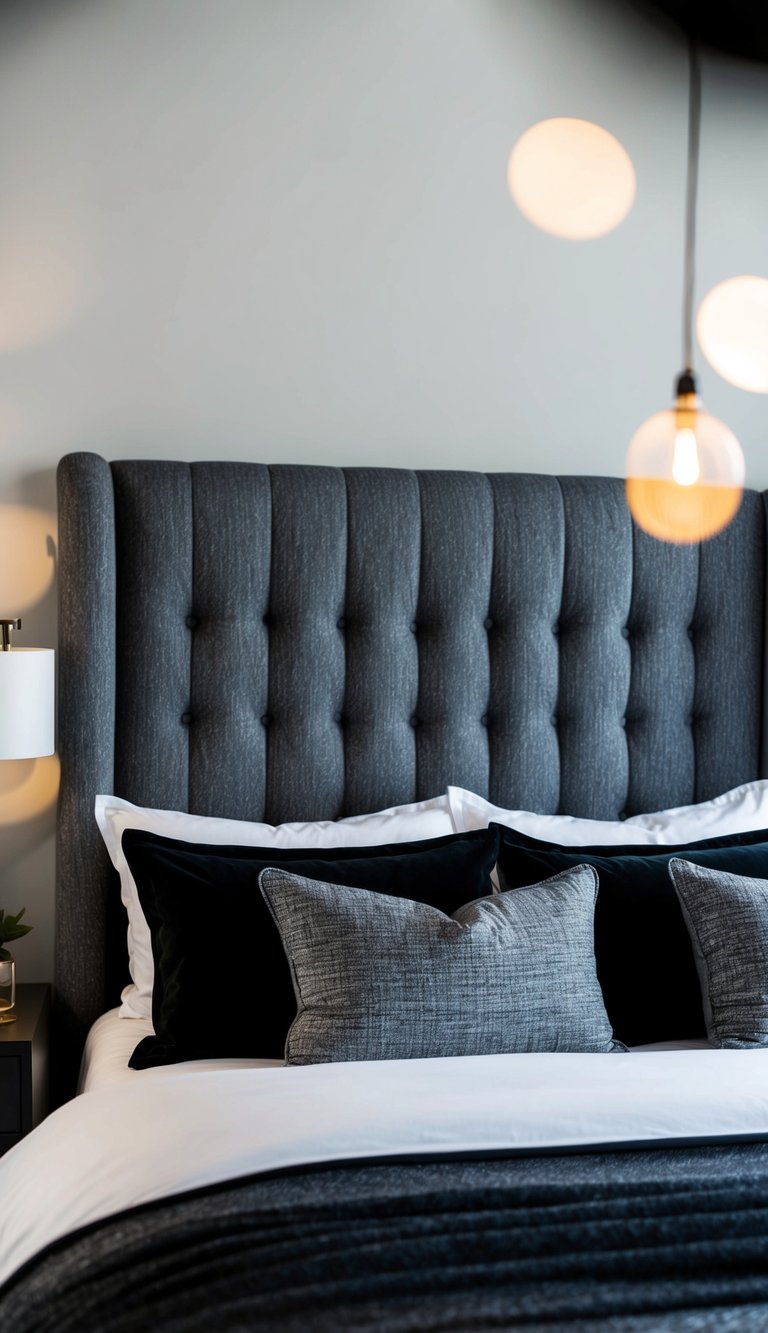 A cozy bedroom with a graphite upholstered headboard, adorned with black and gray decor, creating a modern and sophisticated atmosphere