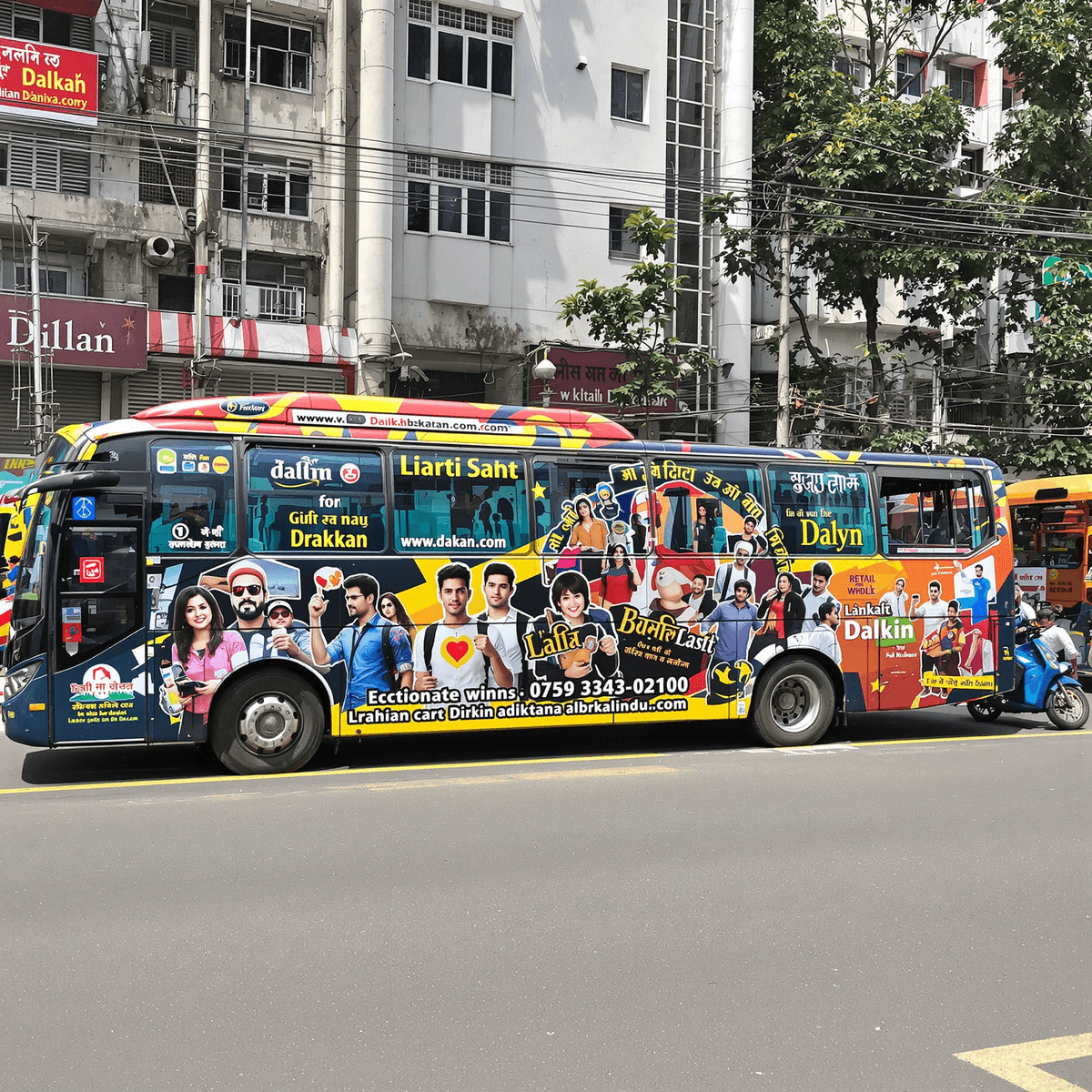 A busy Dhaka street with colorful buses covered in vibrant full-wrap advertisements under bright daylight.