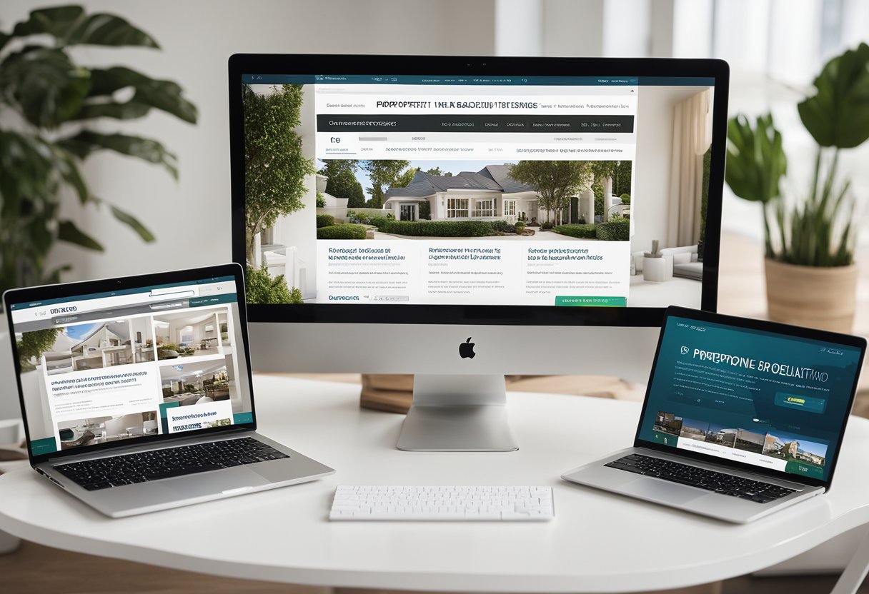 A computer screen displaying a real estate website with various property listings, surrounded by SEO optimization tools and keyword research materials