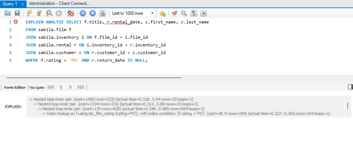 Output of running the EXPLAIN ANALYSE commend in MySQL workbench.