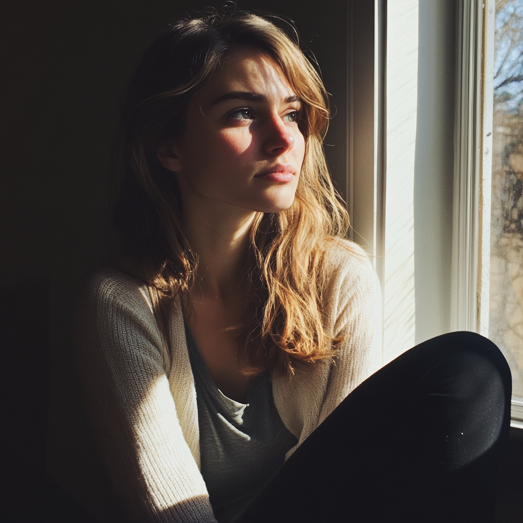 A young woman looking out a window | Source: Midjourney