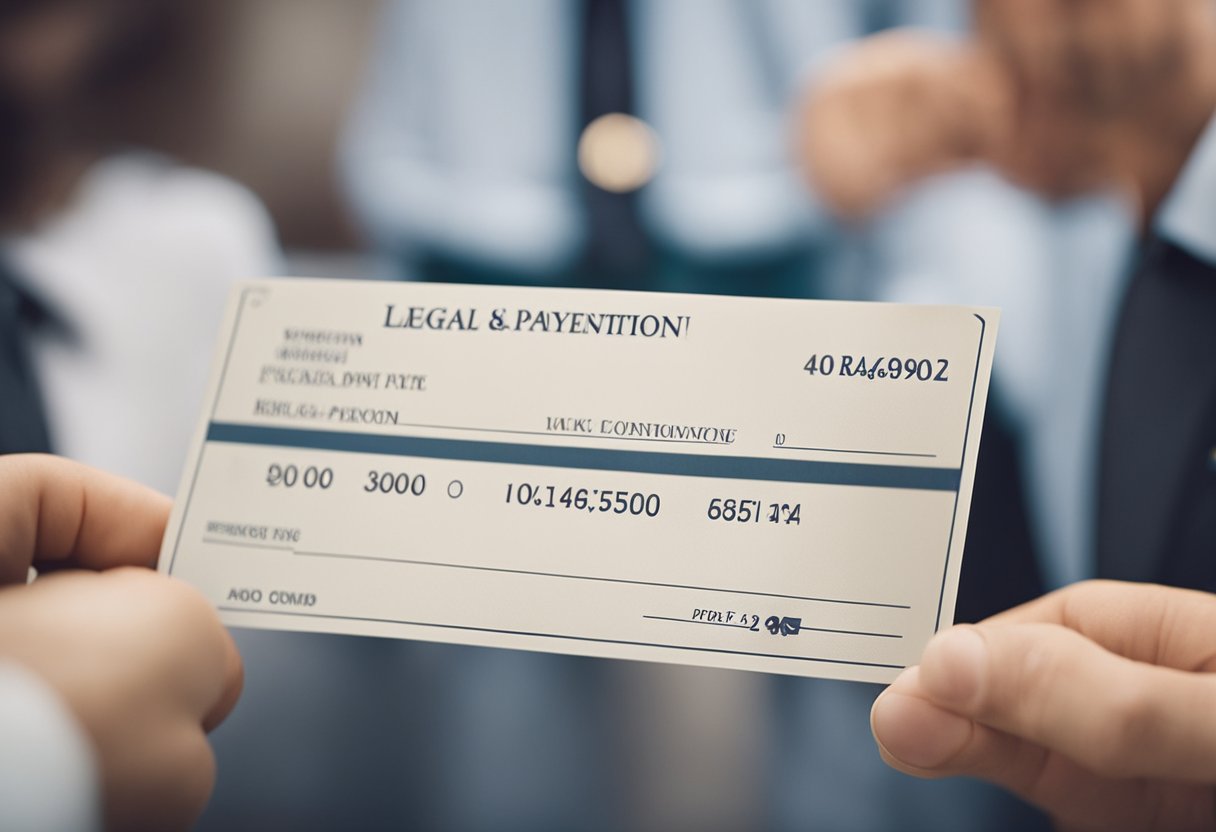 A lawyer stands beside a victim, offering support. A check is handed over, symbolizing a payout for legal assistance and representation for victims of crime