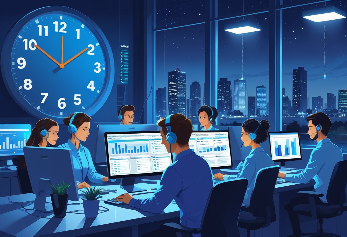 A team of support agents working at desks with computer screens showing alerts and customer queries during nighttime, with a cityscape visible through a window.