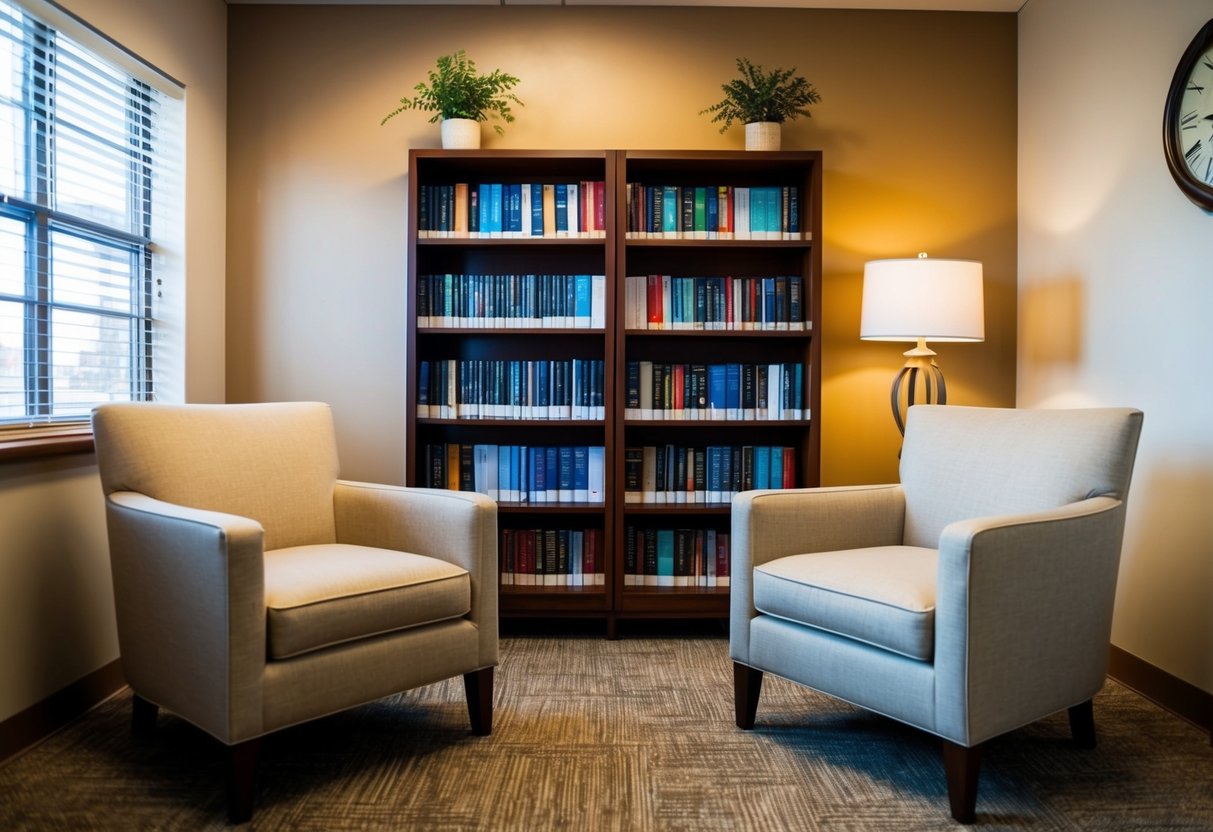 A cozy office with two armchairs facing each other, a warm color scheme, and soft lighting. A bookshelf filled with resources on family and relationship counseling