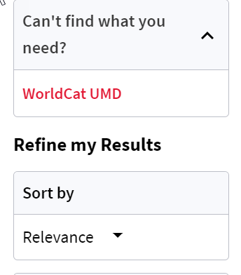 Screenshot illustrating the lcoation of the WorldCat UMD link on the left-hand side of the screen