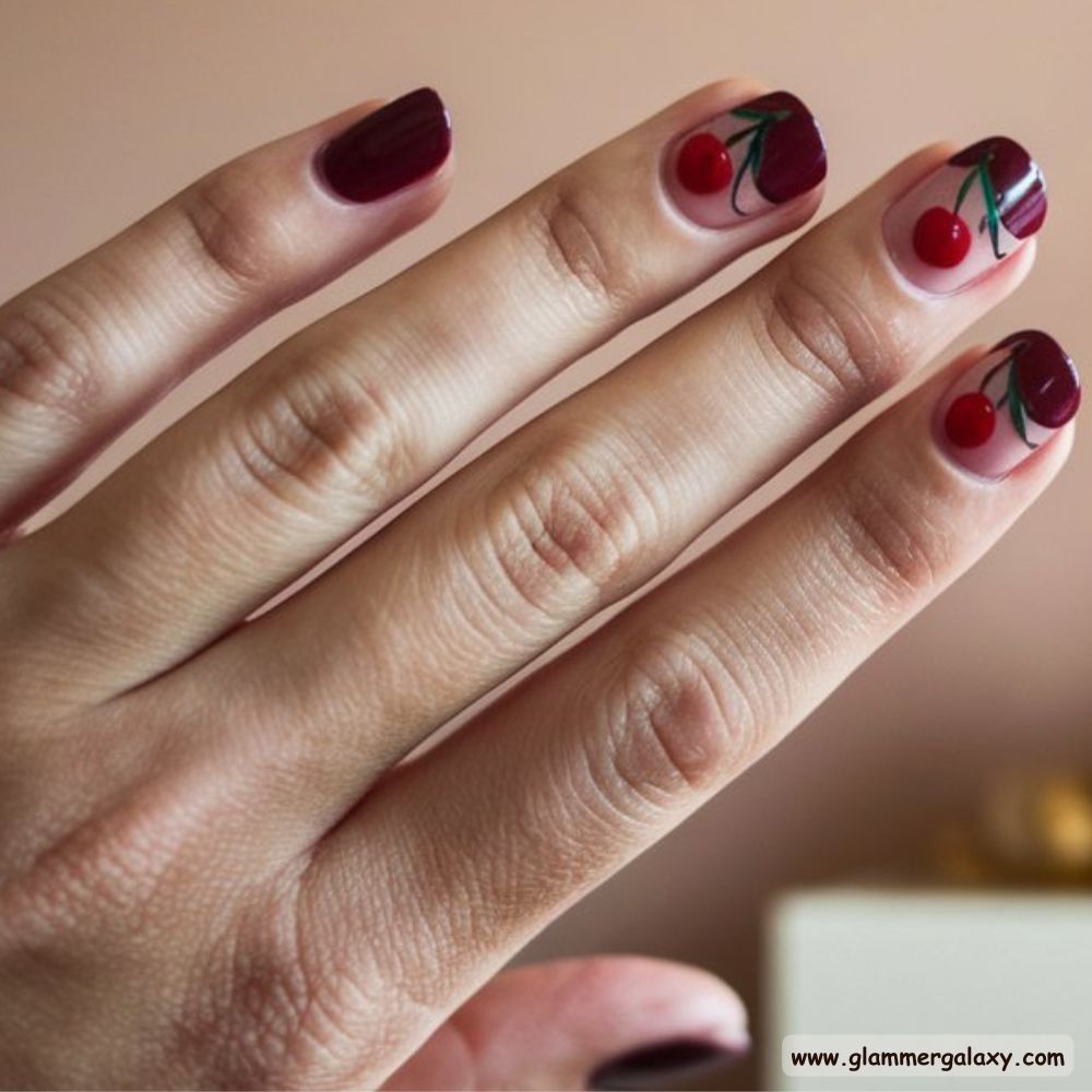 Burgundy fall Nails with Fun Cherry Accents