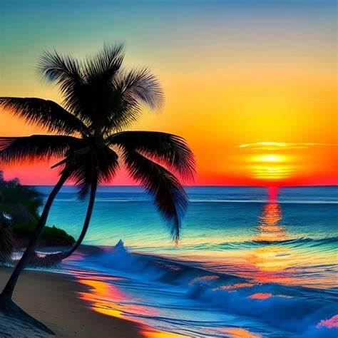 An AI generated image of a serene beach at sunset with palm trees
