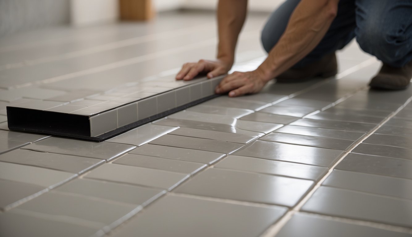 A tile floor with PVC flooring being laid over it, showing the process of installation and the transition from tile to PVC