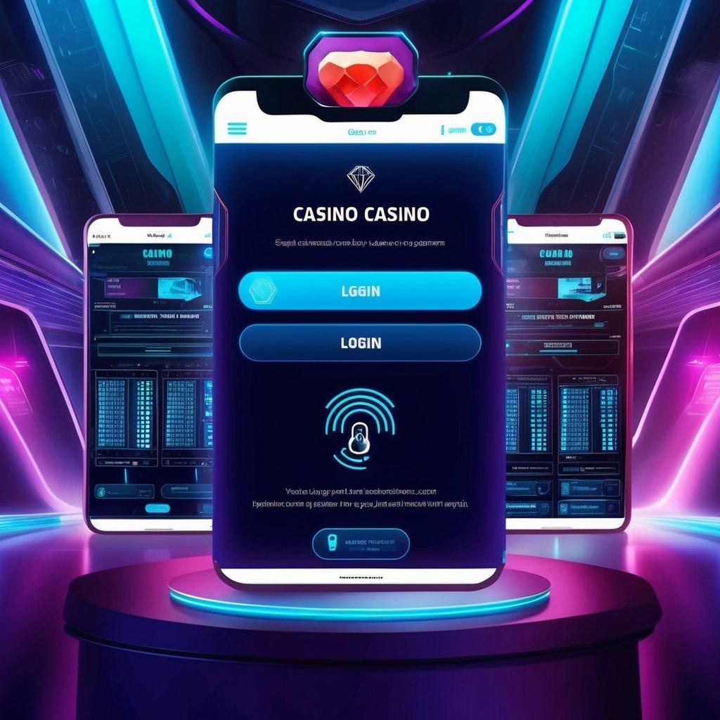 A futuristic casino login screen with biometric scanners and complex encryption algorithms