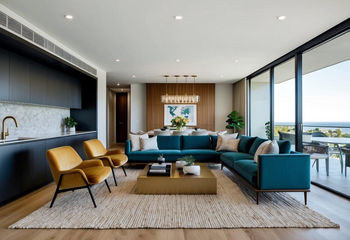 A modern living room with sustainable materials, sleek furniture, and touches of luxury in Gold Coast