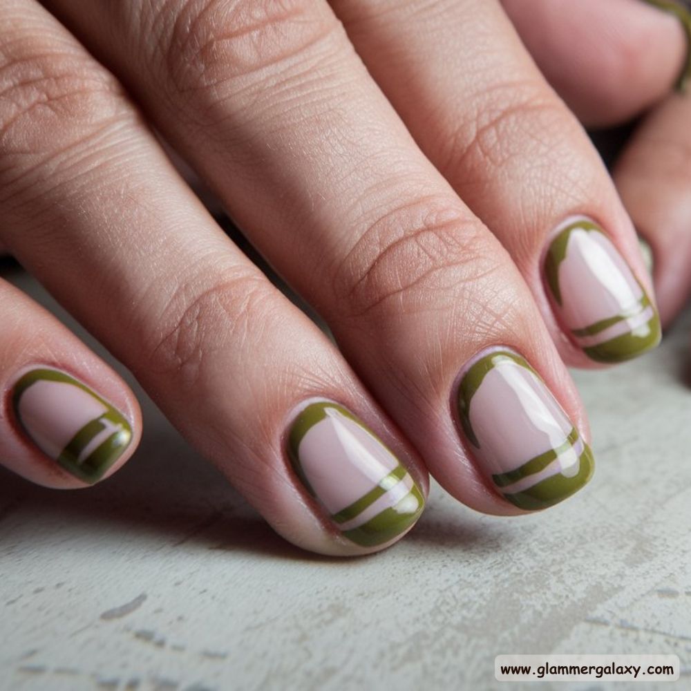 Olive green nails with Border French with Olive Green