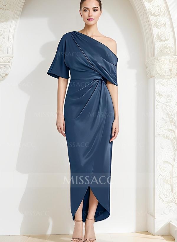 Column Asymmetrical Neck Satin Mother Of The Bride Dresses With Ruffle