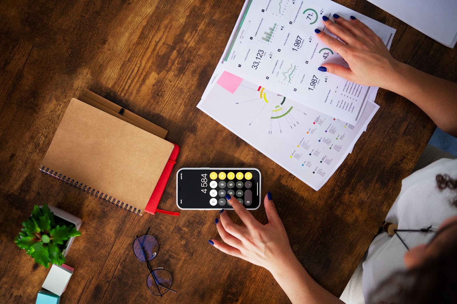 Woman calculating social media budget with charts, graphs, and ROI figures on a wooden desk.