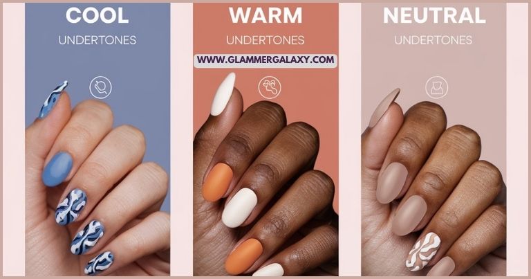 Three hands showcasing nail polish colors for cool, warm, and neutral undertones