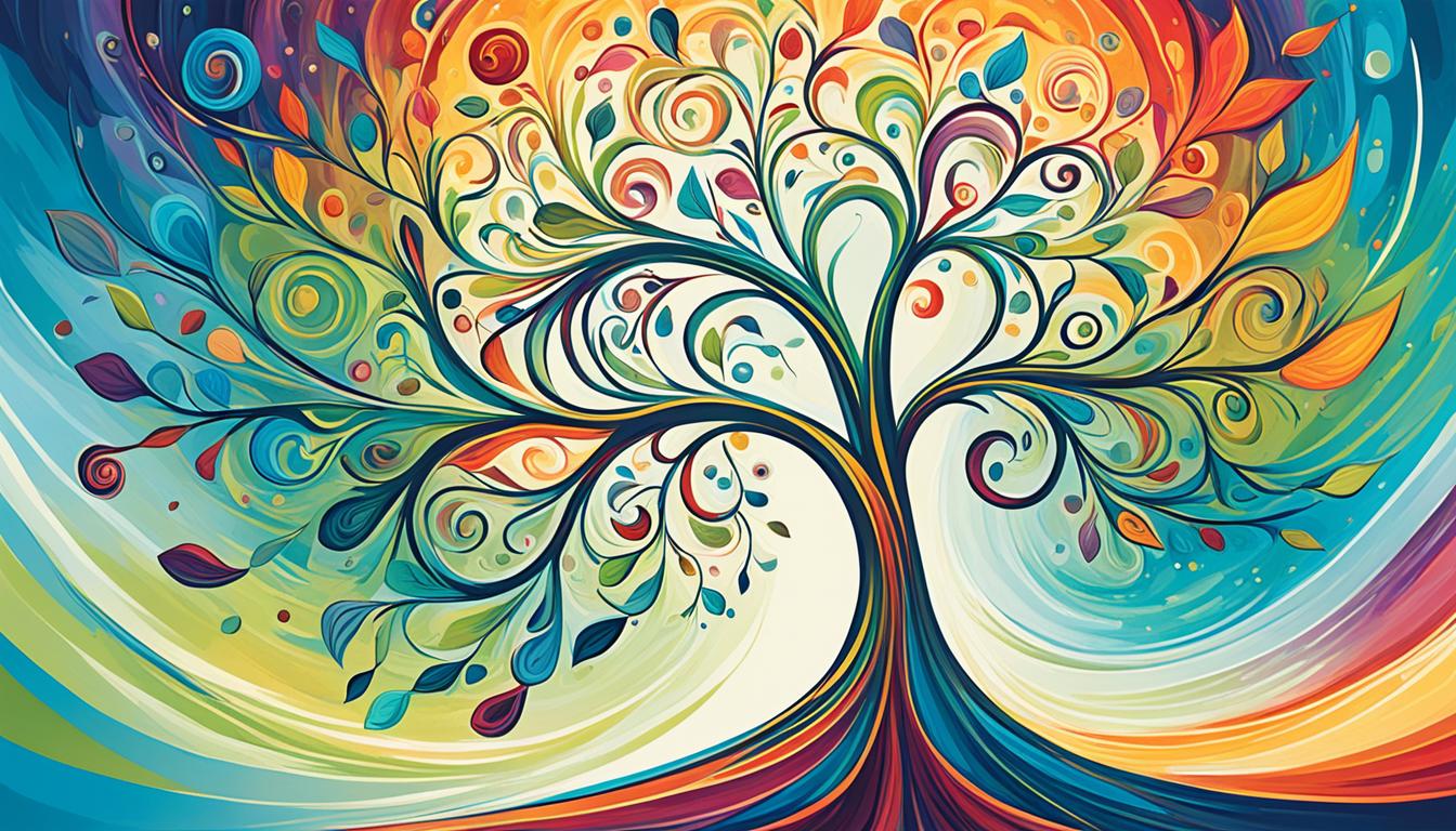 A tree growing tall from a small seed, representing the power of belief and trust in manifesting desires. The tree is surrounded by swirling, colorful energy, showing the manifestation process in action.