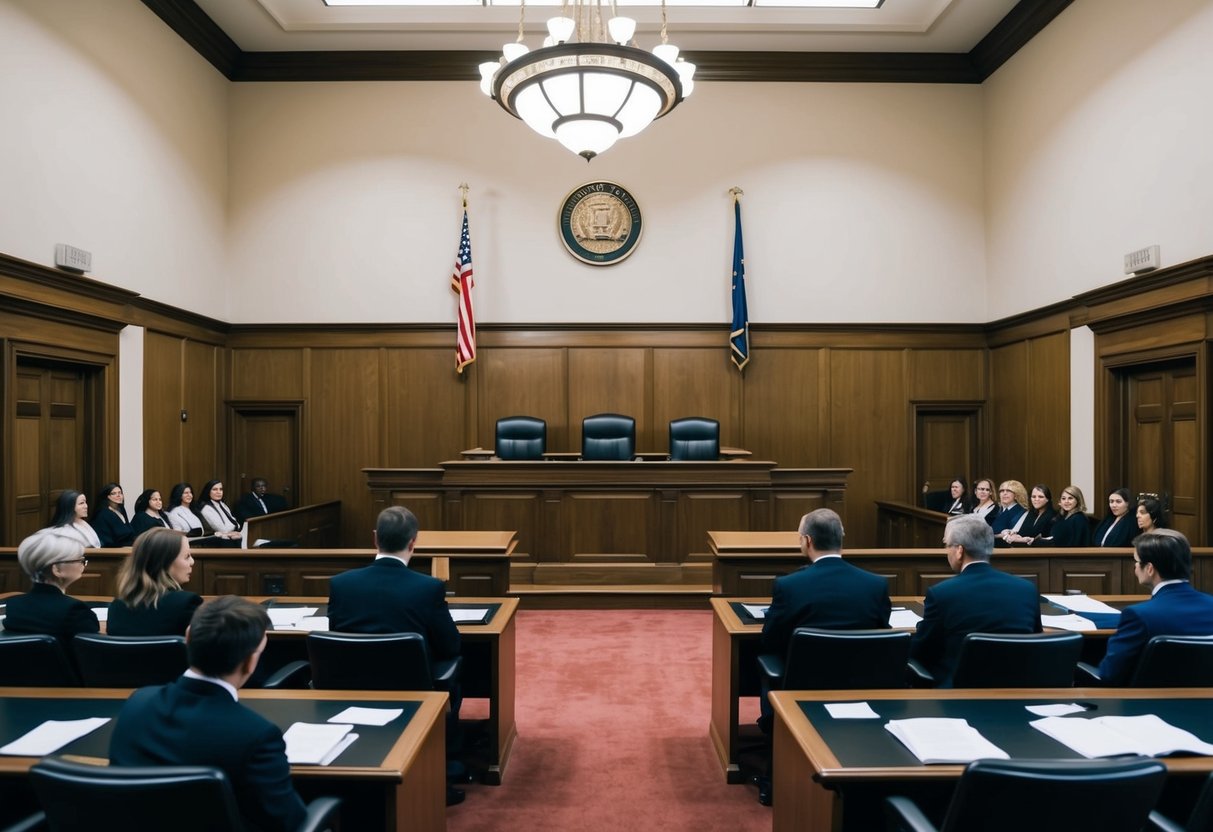 A courtroom with a judge's bench, witness stand, jury box, and seating for lawyers and spectators