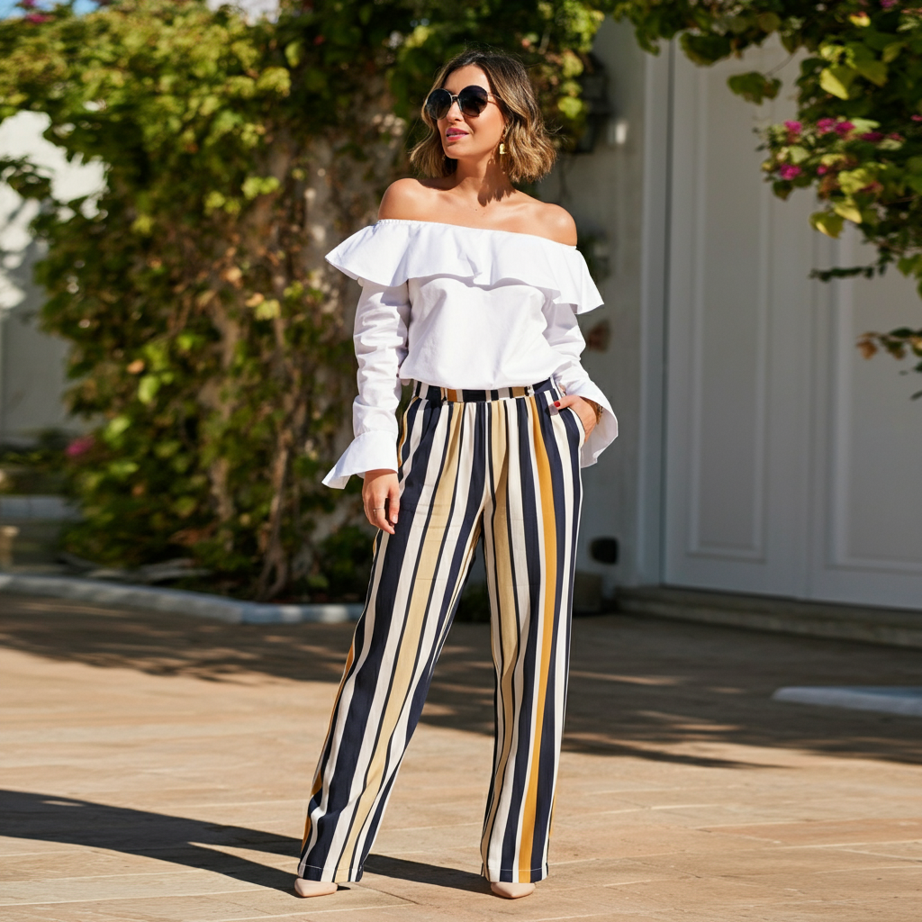 Off-the-shoulder blouse with striped pants